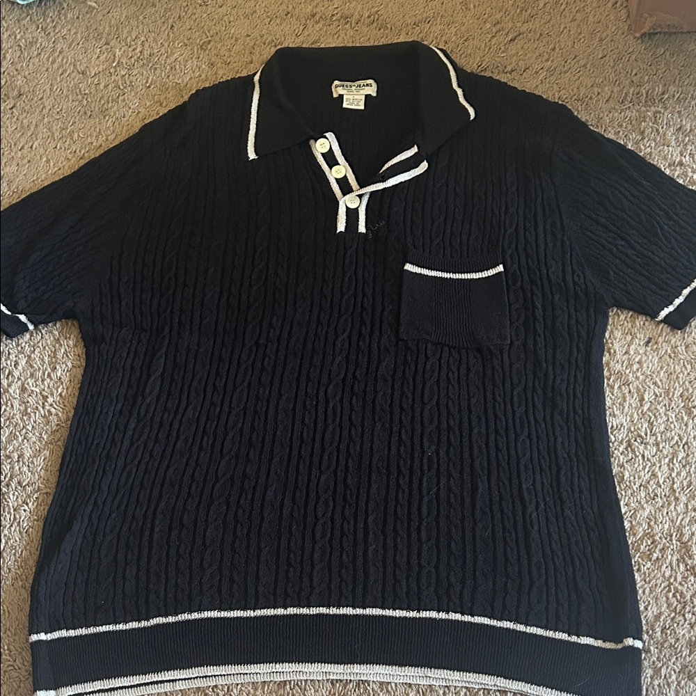 Guess Black Cable Knit Polo with White Trim